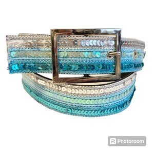 Vintage Disco Sequin Womens Waist Belt Bling White Aqua Blue Size M L 80s 90s